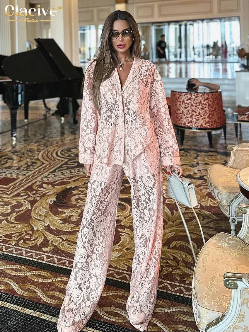 GR | Clacive Sexy Loose Black Lace Transparent Pants Set Women's 2 Piece Fashion Long Sleeve Shirt with High Waist Wide Pants Set