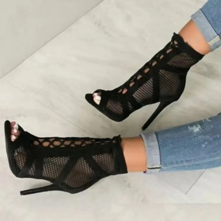 GR | Sandals Cave Mesh Heels Belt Buckle Women's Summer Beige Lace-up Sexy Open Toe Stiletto Jazz Dance Party Women's Shoes