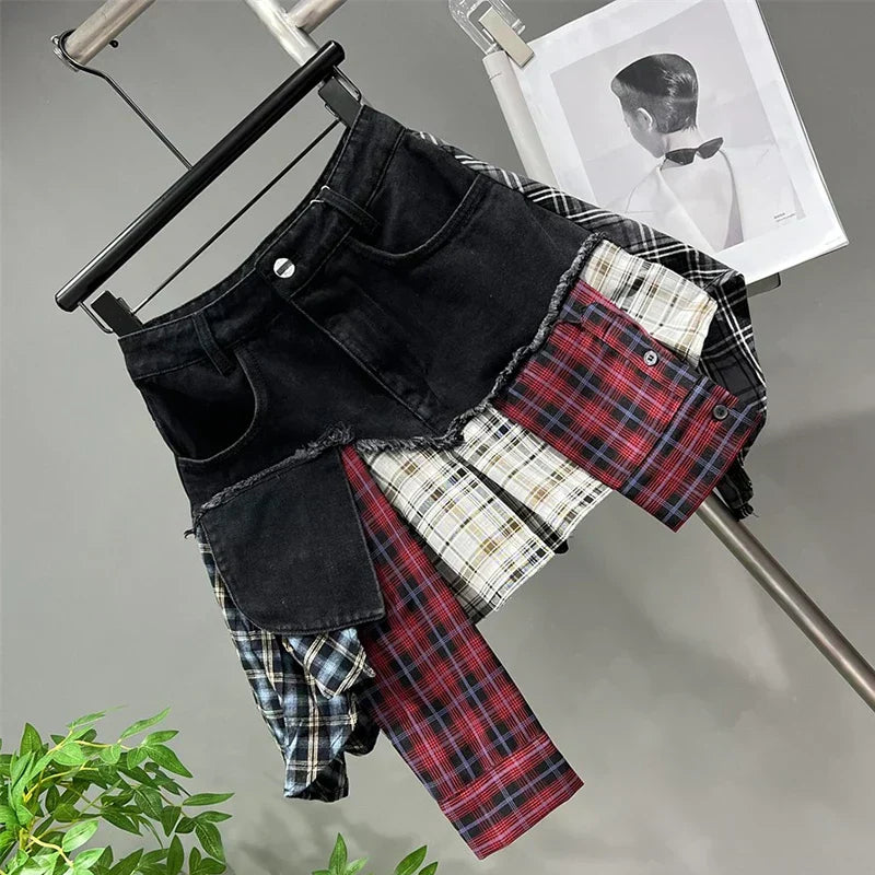 GR | Jahrgang Unregelmäßig Patchwork Kariert Röcke Denim Kurz für Frauen Hohe Taille Eingewickelt Hüfte Mini Rock Sommer Weiblich