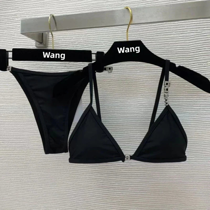GR | New Rhinestone Letter Wang Beach Bikini Luxury Brand Designer Y2K Fashion Sexy Women's Beach Bikini Duo Set