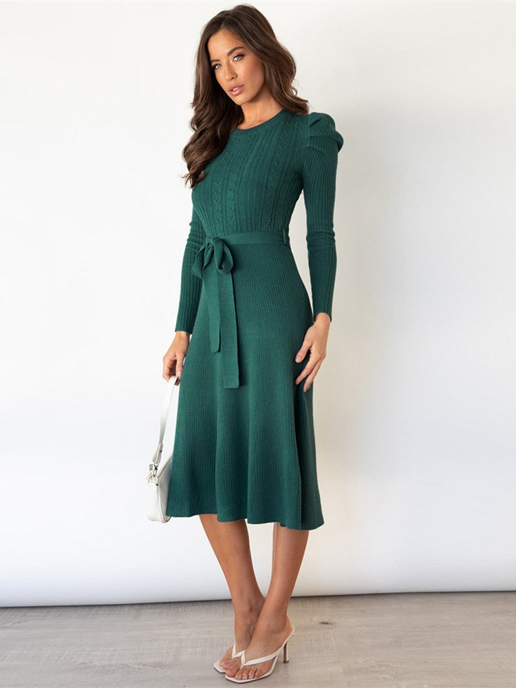GR | Elegantes Gestricktes Midi Kleid Mit Gürtel Für Damen