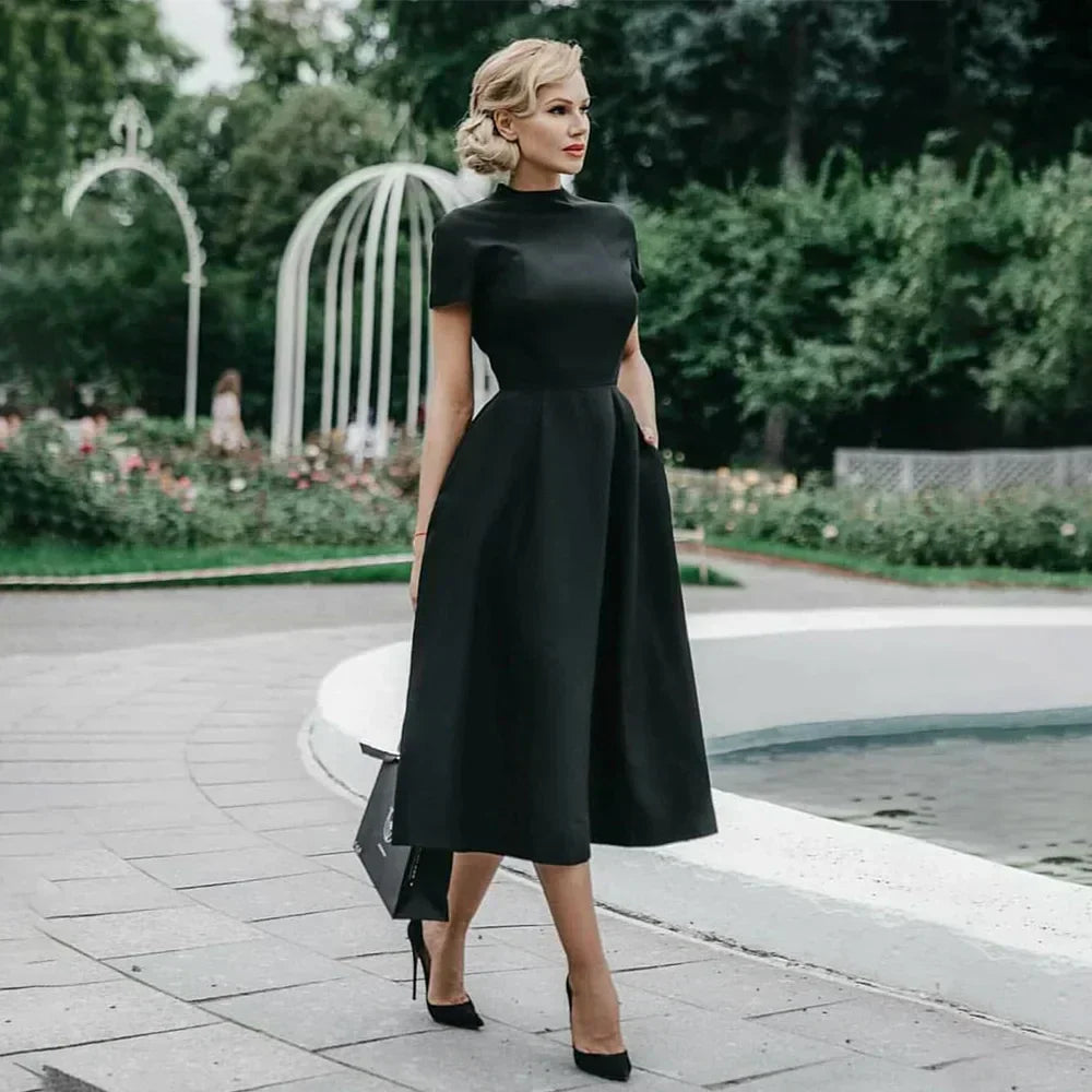 GR | Women's Elegant Black Dress, Half-High Collar, High Waist, A-Line Dresses, Slim Fit Dress, Office Dress, Female Solid Vestidos
