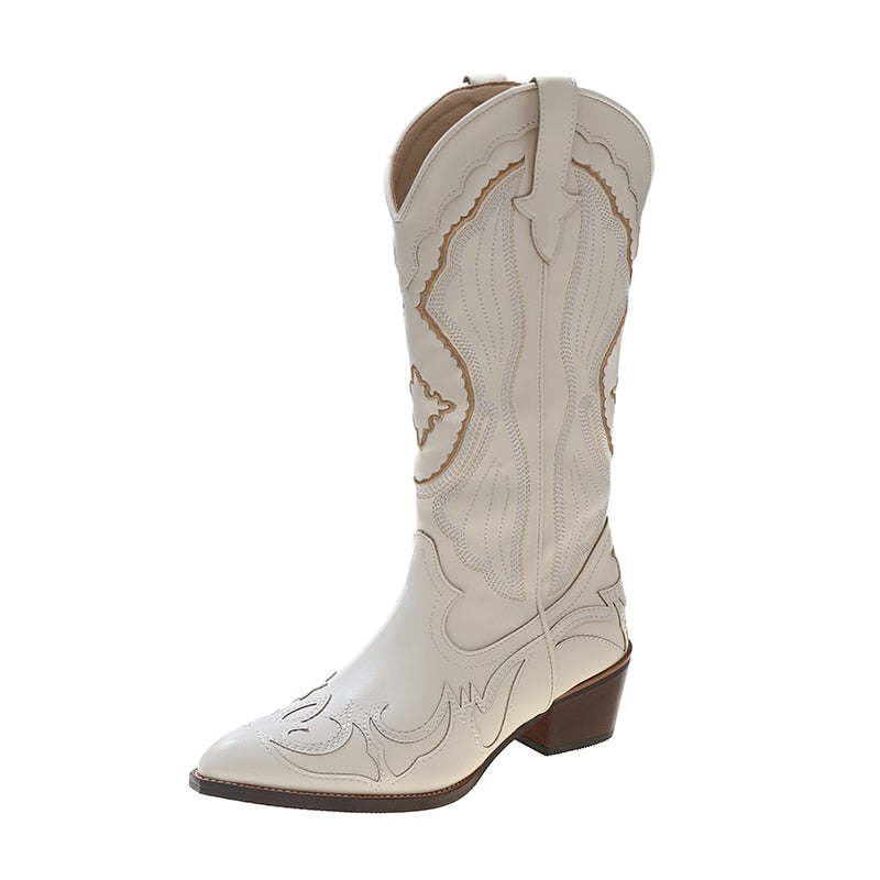 GR Women's Retro-Style Boots - White Knee-High Boots for Comfortable and Stylish Walking