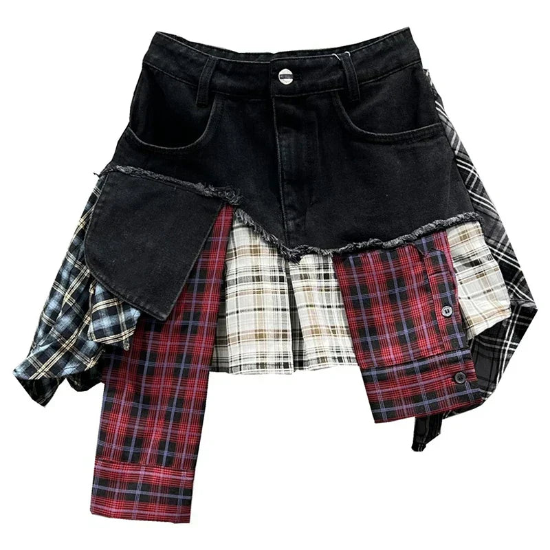 GR | Jahrgang Unregelmäßig Patchwork Kariert Röcke Denim Kurz für Frauen Hohe Taille Eingewickelt Hüfte Mini Rock Sommer Weiblich