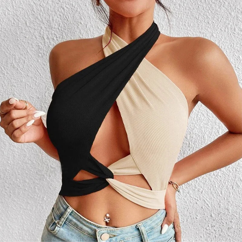 GR | Women's Summer Tank Tops Sexy Patchwork Cross Halterneck Strap Hole Crop Tops High Street Wear New Fashion