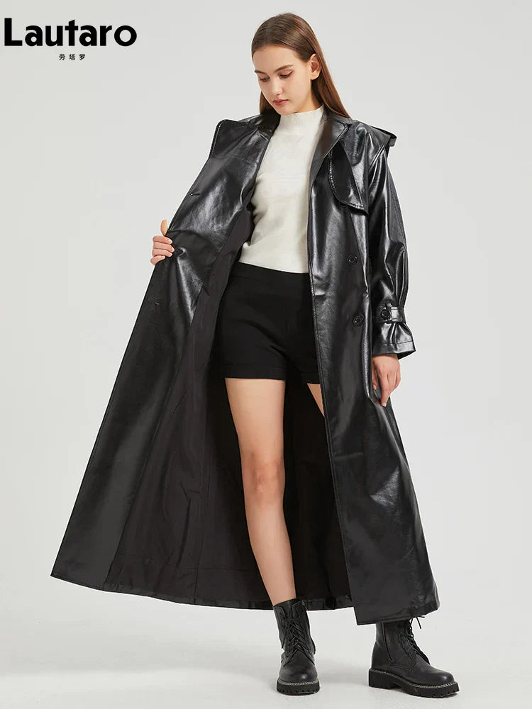 GR | Lautaro Autumn Extra Long Gold Shiny Patent PU Leather Trench Coat for Women Simple Buckle Luxury Designer Overcoat