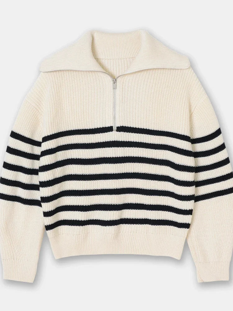 Wide turtleneck women's sweater with striped lapel