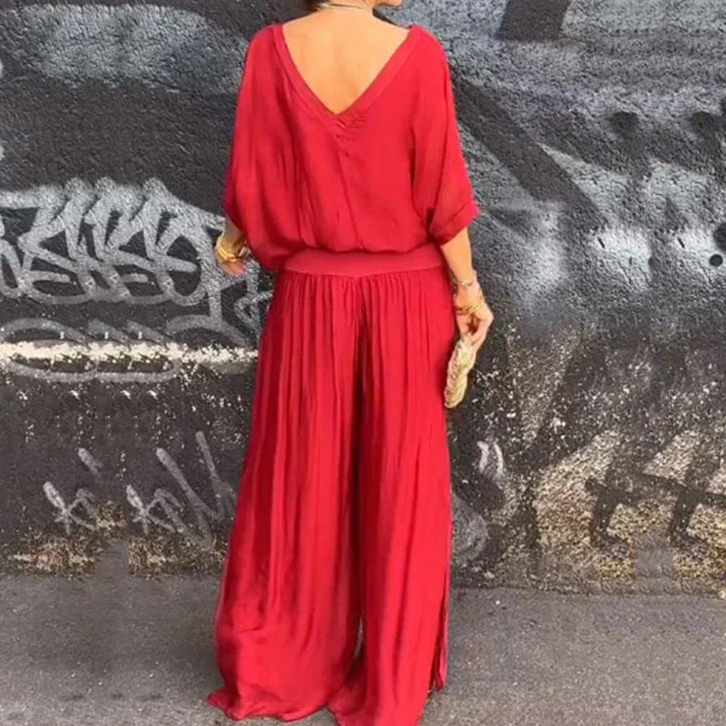 GR | Elegant two-piece set consisting of a chiffon top and wide-leg trousers