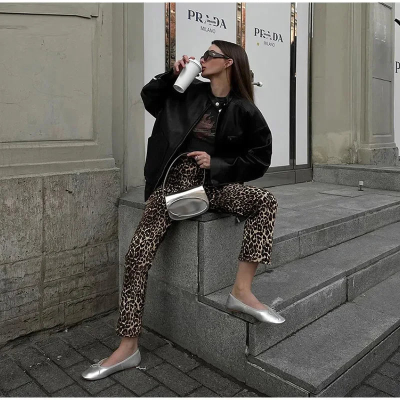 GR Leopard Print Jeans | Stylish slim streetwear women's pencil-style trousers