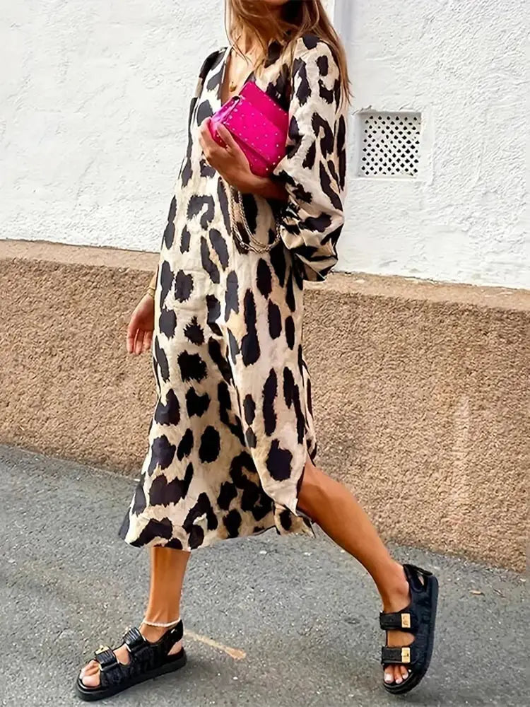 GR | Leopard print dress with three-quarter sleeves