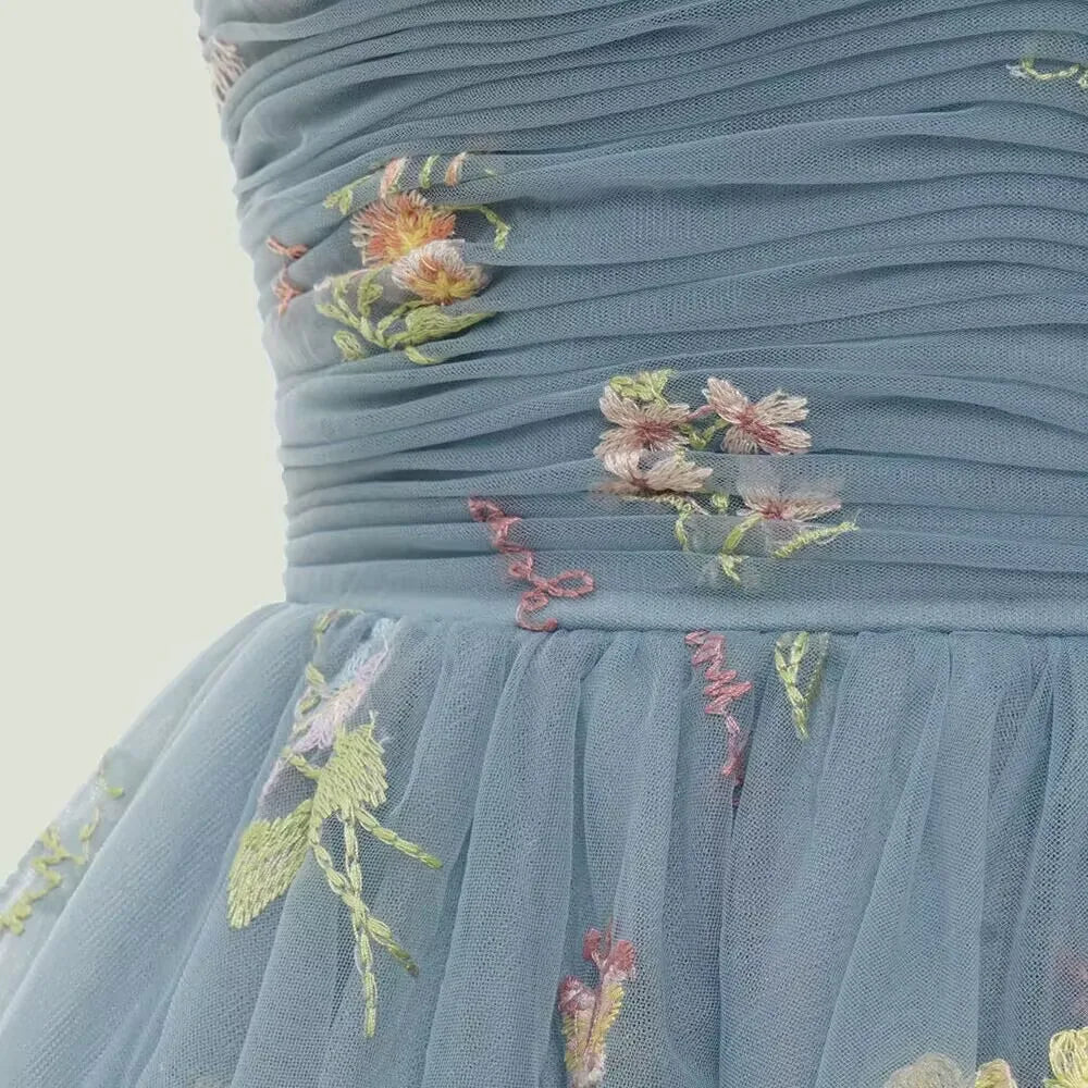 GR | Fairy Forest Green Short Prom Dresses Spaghetti Straps Colorful Floral Lace Evening Celebration