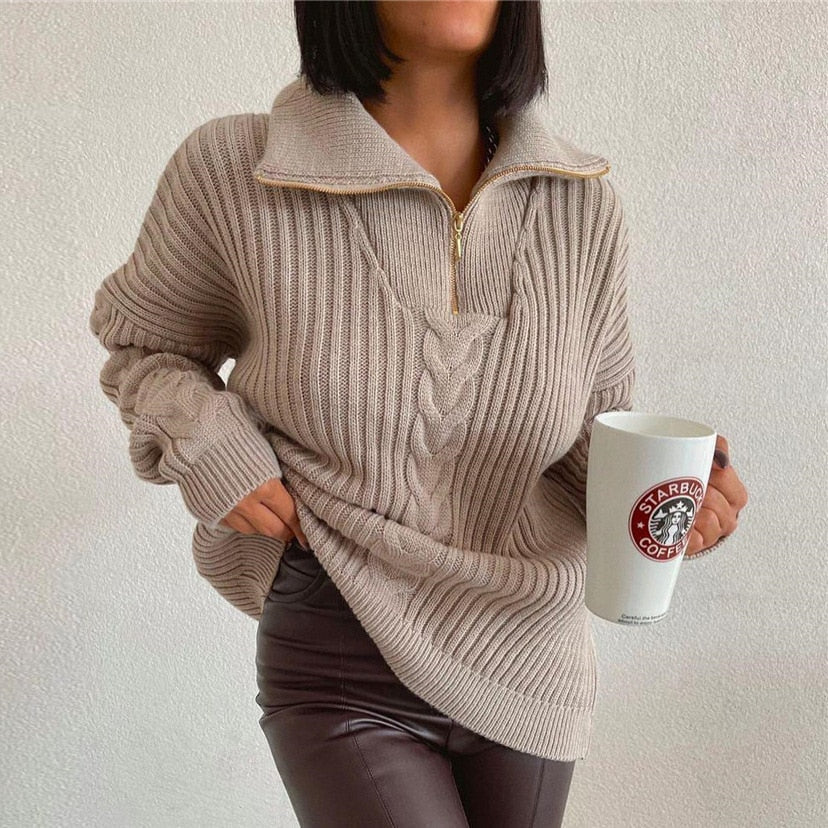 GR V-Sweater | Bequemer Zopfpullover mit V-Ausschnitt, Rollkragen und Reißverschluss
