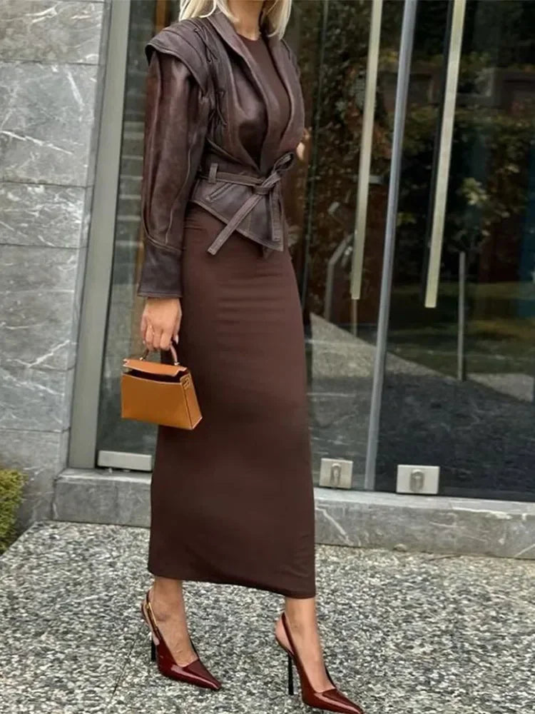 Women's leather coat with lacing 
