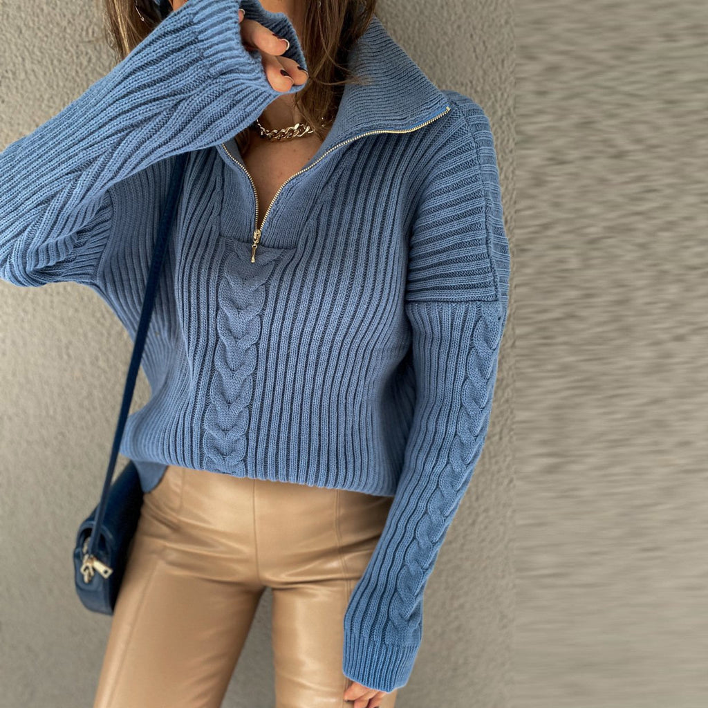 GR V-Sweater | Bequemer Zopfpullover mit V-Ausschnitt, Rollkragen und Reißverschluss