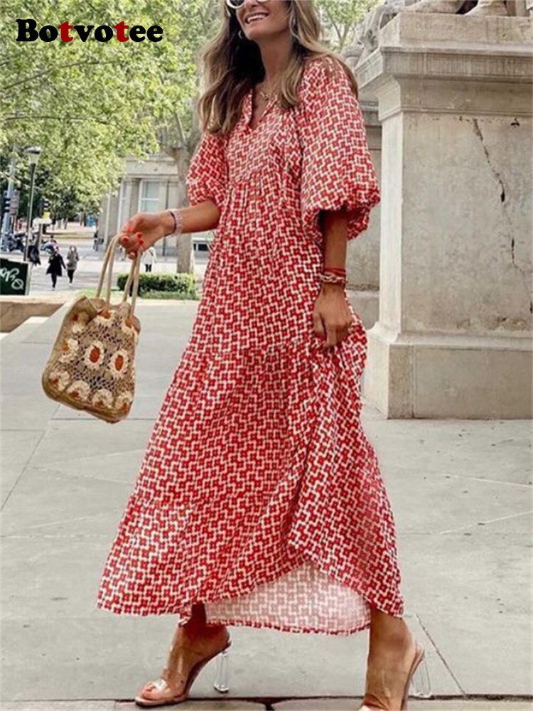 GR | Geometric dress with puff sleeves for women