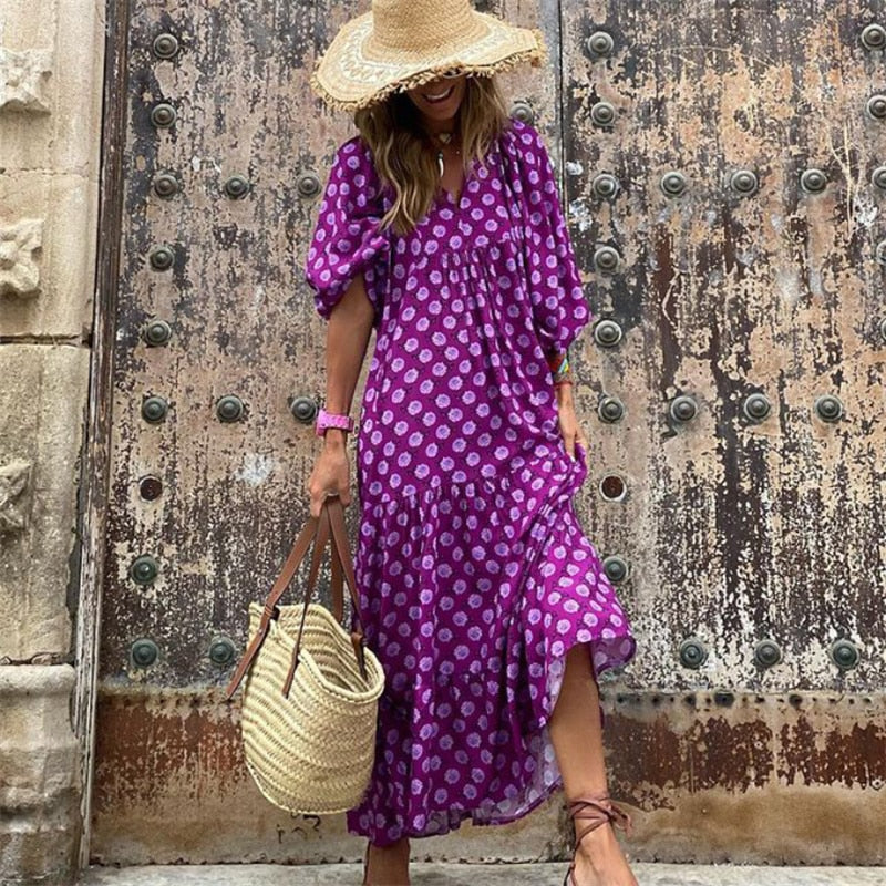 GR | Geometric dress with puff sleeves for women