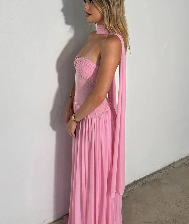 GR | Patchwork Maxi Dress Scarf Backless Strapless Ruffled Banquet