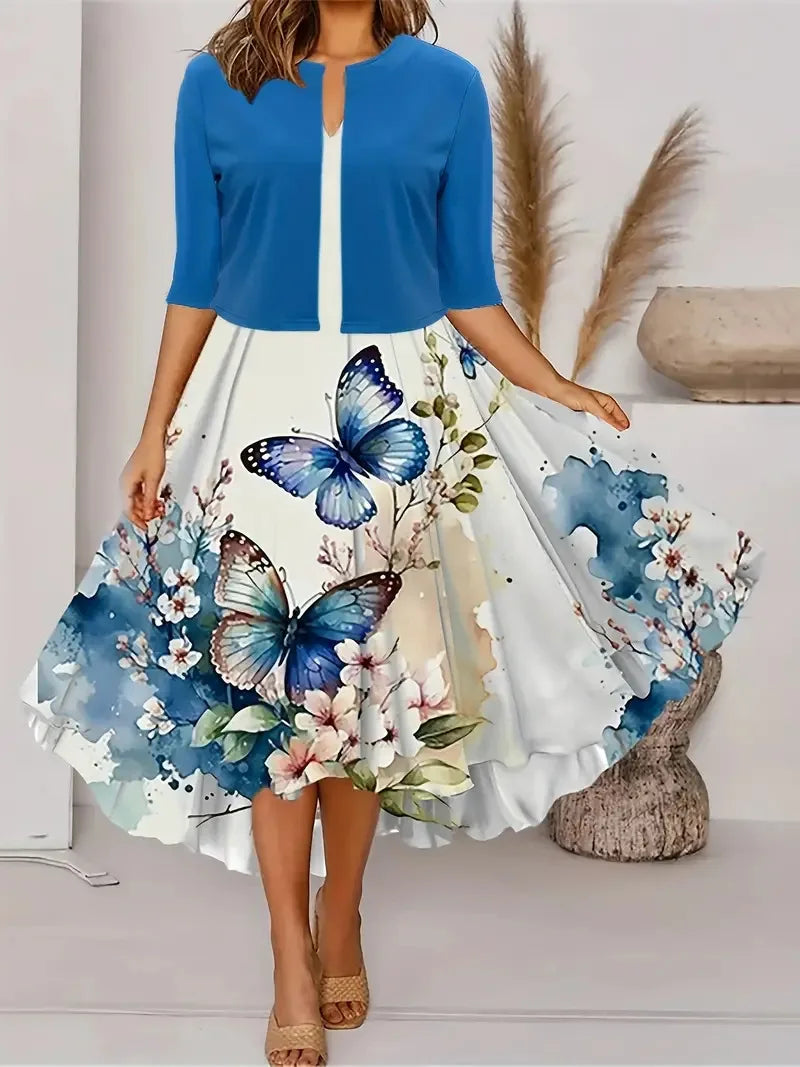 GR | New for summer! EU US Autumn Women's 2 Long Dress Set Floral and Grass Dot Crew Neck Dress with Chiffon Short Jacket