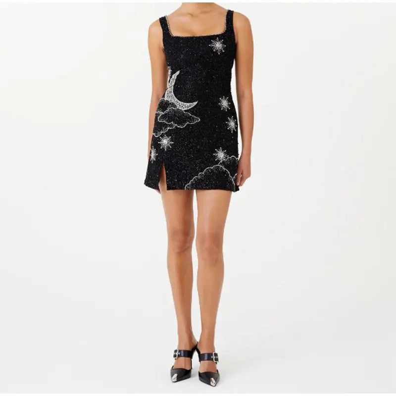 GR - Celestial Sparkle Minikleid Partykleid mit Mond- und Sternenverzierung