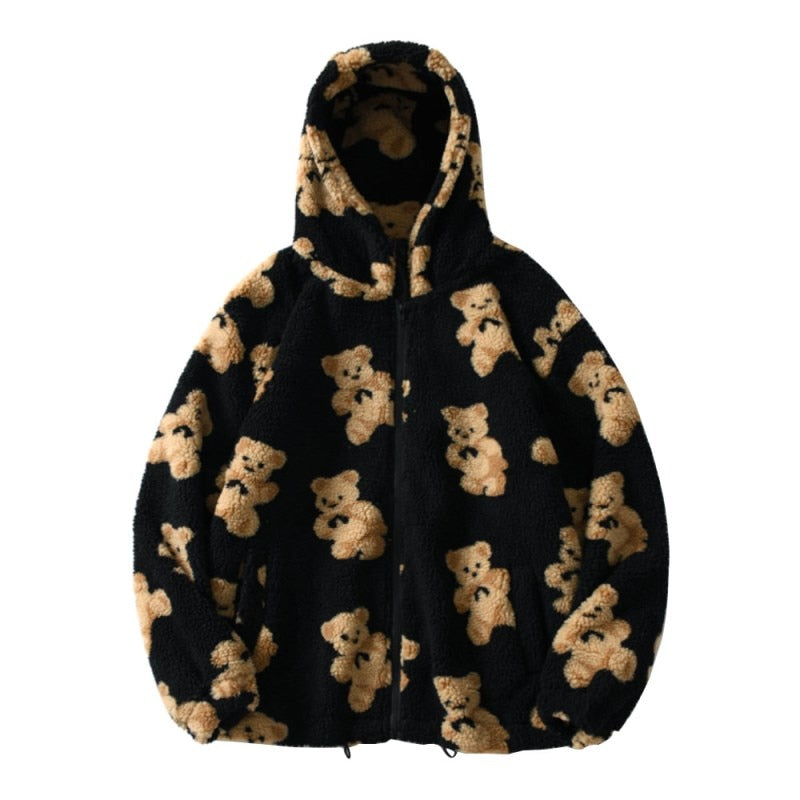 GR Harajuku Bear Teddy Print Plush Jacket Fluffy Hooded Outerwear