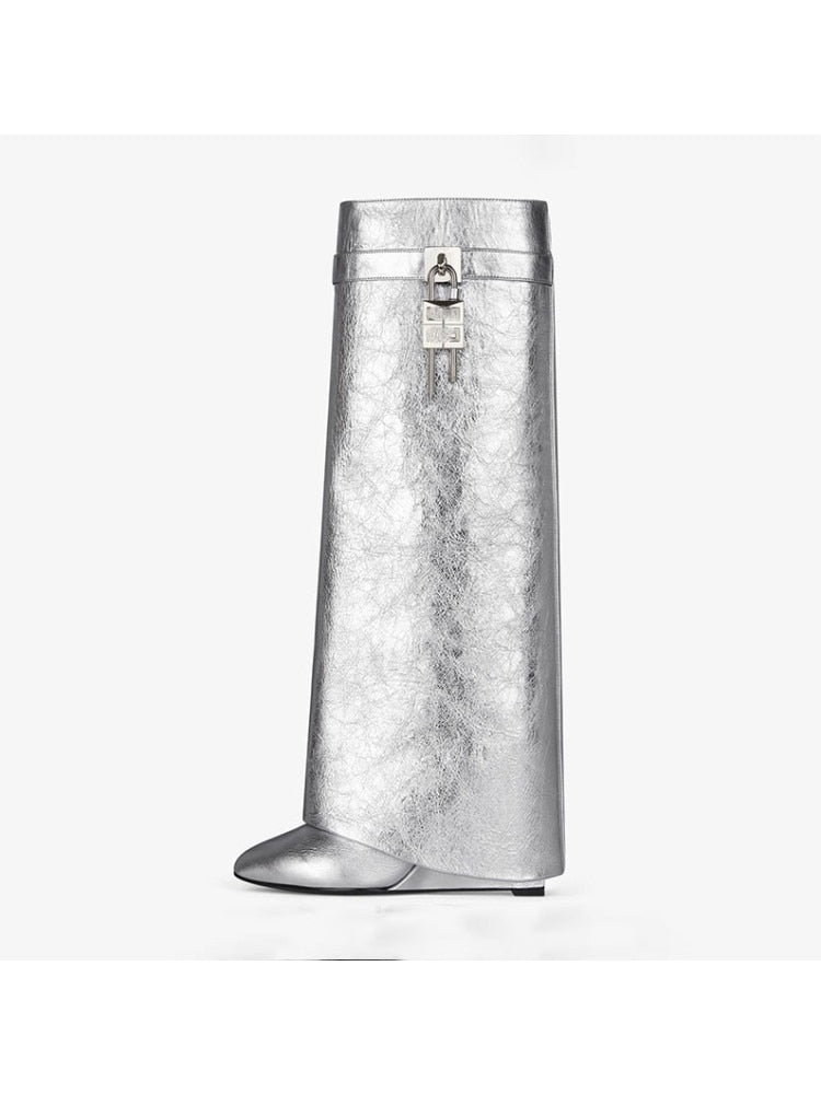 GR | Women's Knee-High Boots Shark Lock Long Thick Soles High Heels Boots Designer Luxury Brand Women's Leather Boots