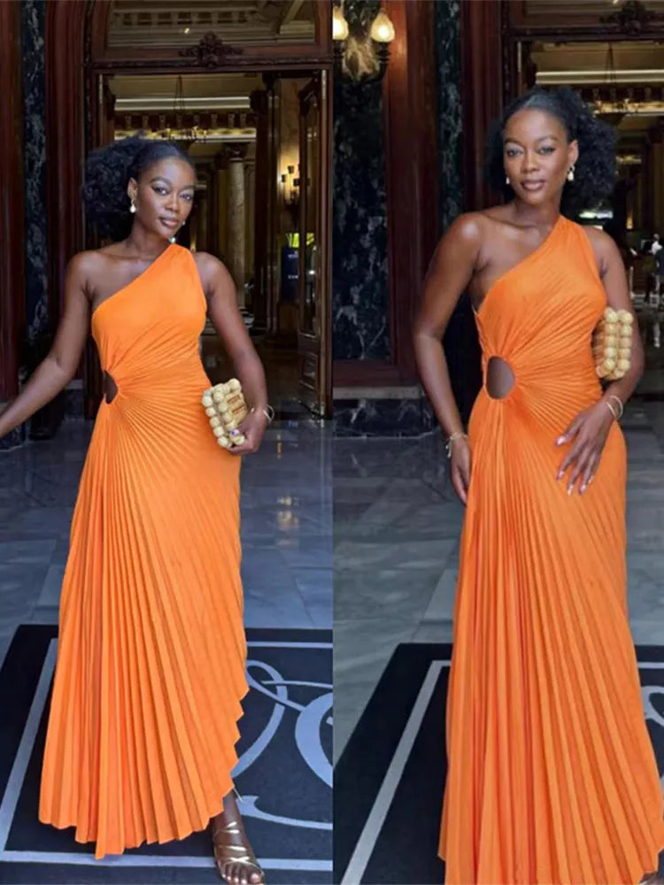 GR - Evening dress with ruffles and leather trim for women