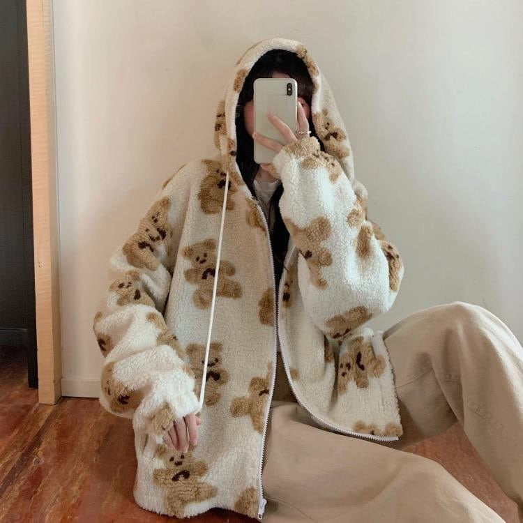 GR Harajuku Bear Teddy Print Plush Jacket Fluffy Hooded Outerwear
