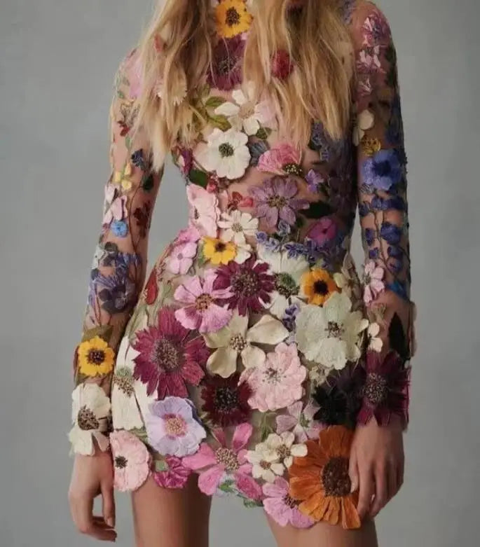 GR | 3D embroidered mesh dress with flowers for women