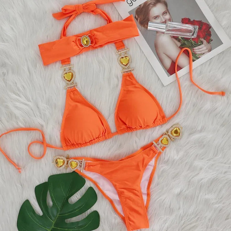 GR | Pink Sexy Bikinis Swimwear with Heart Rhinestones Women's Swimwear Female Push-Up Bikini Beach Swimwear Bathing Suits Pool Swimwear