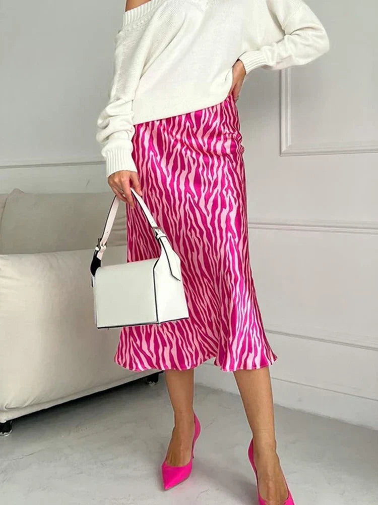 GR | Sommer Herbst Damen Elegant Midi Satin Röcke Gedruckt Hohe Taille Büro Damen Bodycon Bleistift Enger Rock für Damen