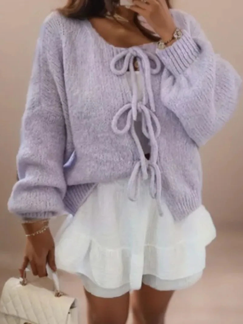 GR | Women's knitted cardigan with bow closure