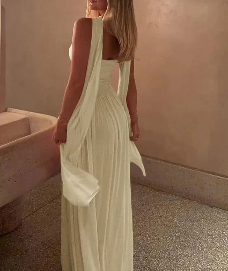 GR | Patchwork Maxi Dress Scarf Backless Strapless Ruffled Banquet