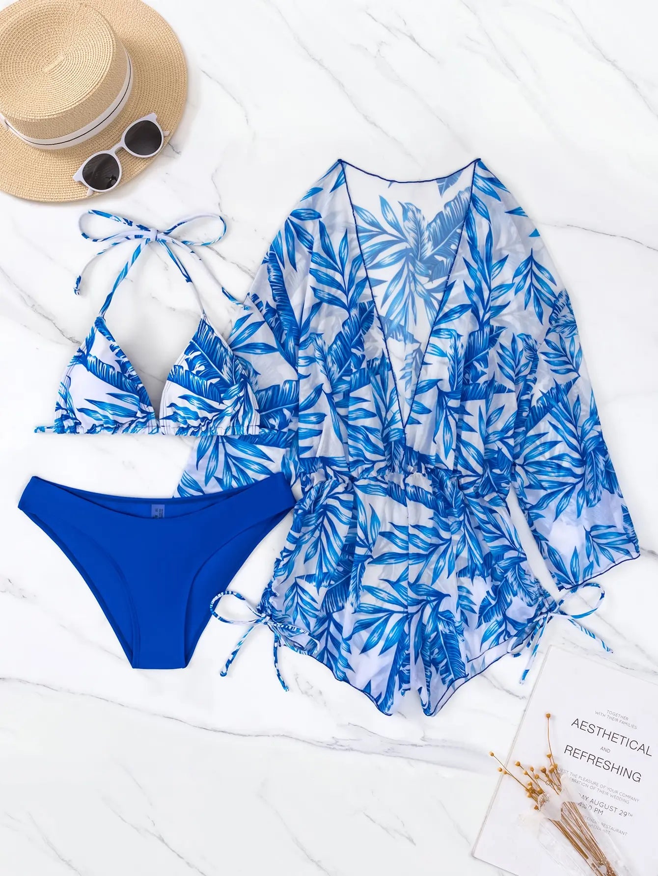 GR | 3-Piece Bikini Tropical Print Swimwear Halter Lace-Up Side Swimsuit Women's Bathing Suit Female Swimming Summer Beachwear
