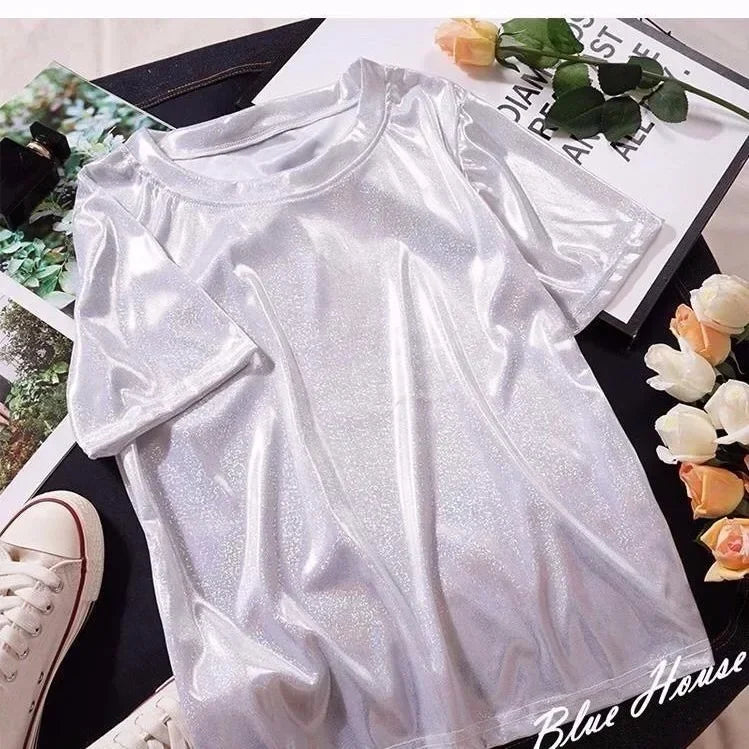 GR | S 5Xl Damen Funkelnd Shiny Metallisch Holografisch Rundhals Kurzarm Lässig Lose Top Festival Party T-Shirt Damenbekleidung