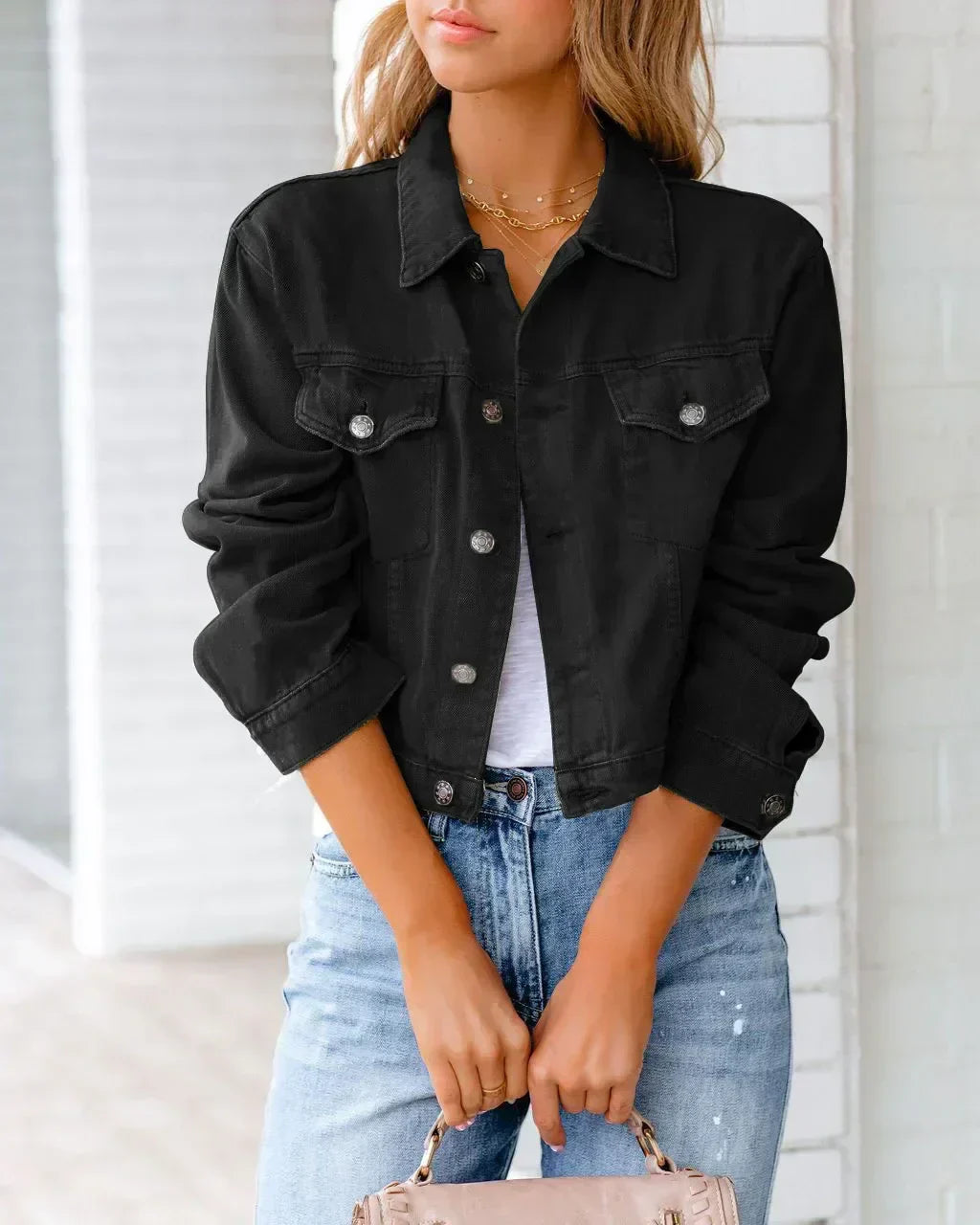 GR | Short pocket jacket Fashion Streetwear Simple button trendy women's denim jackets Long sleeves Autumn New Denim Denim jackets