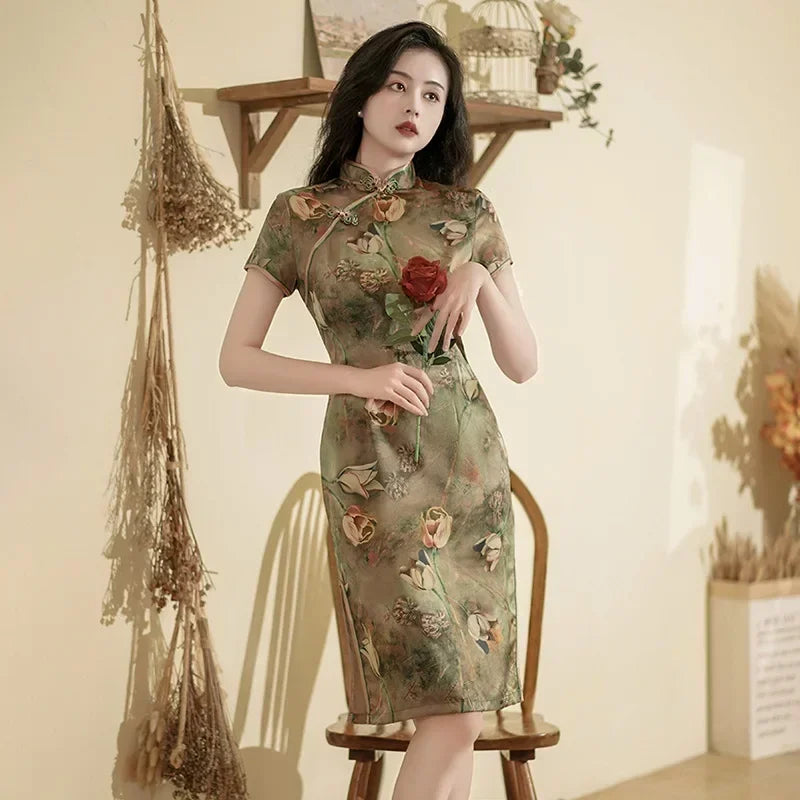 GR | Cheongsam Qipao Fashion Clothing Casual Elegant Ethnic Style Vintage Dress for Women Streetwear Women's Clothing Festive Chinese