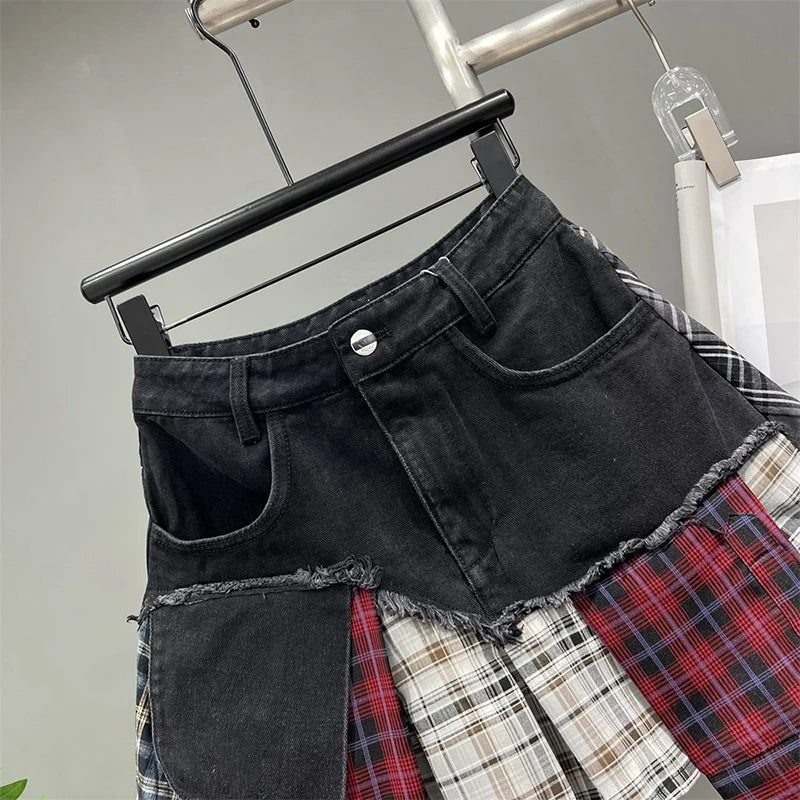 GR | Jahrgang Unregelmäßig Patchwork Kariert Röcke Denim Kurz für Frauen Hohe Taille Eingewickelt Hüfte Mini Rock Sommer Weiblich