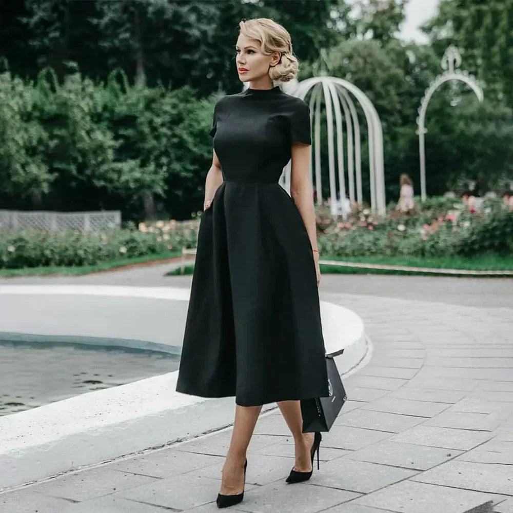 GR | Women's Elegant Black Dress, Half-High Collar, High Waist, A-Line Dresses, Slim Fit Dress, Office Dress, Female Solid Vestidos