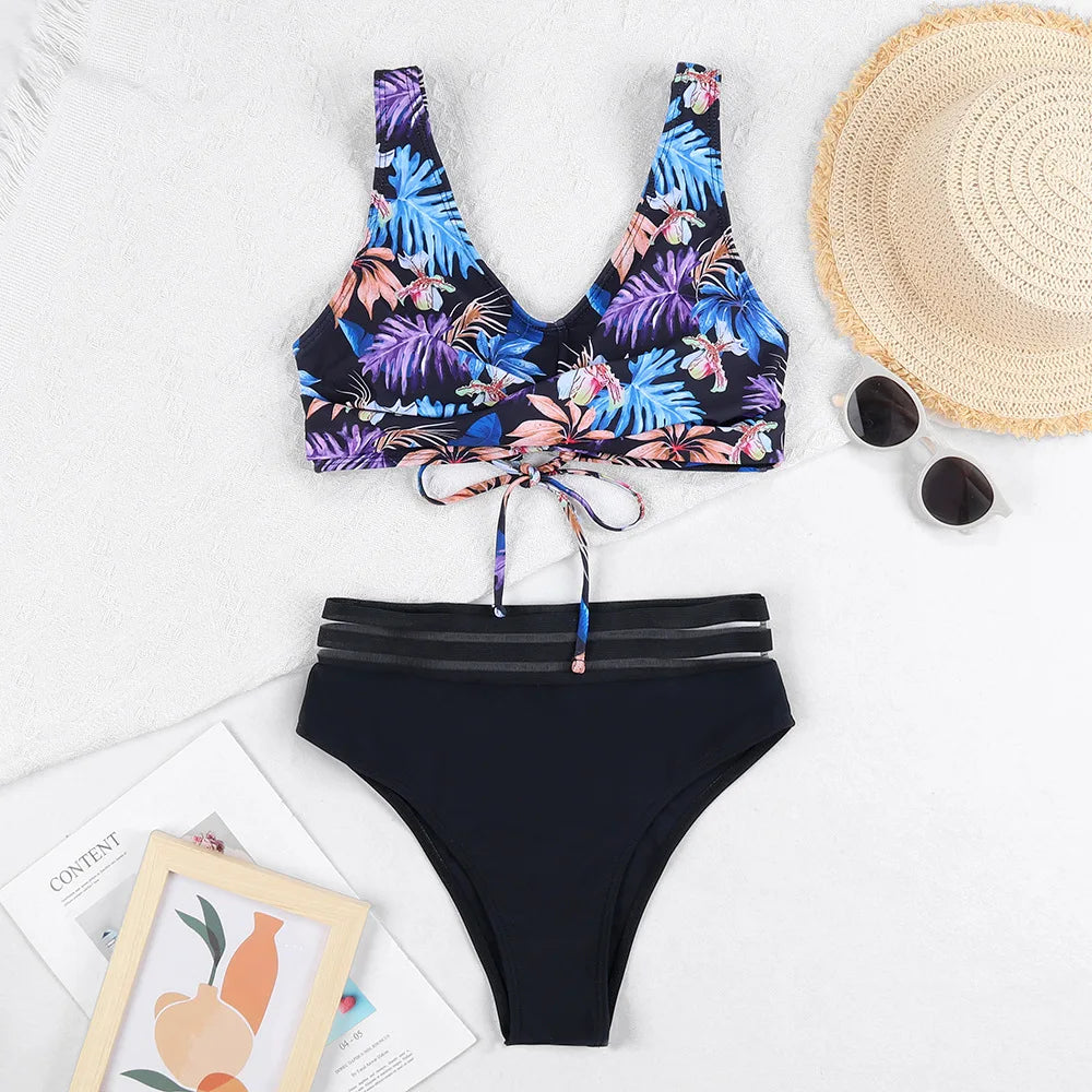 GR | Lace-up High Waist Bikini Women's Swimwear Women's Swimsuit Padded Push-Up Floral Swimsuit Women's Bikini Set