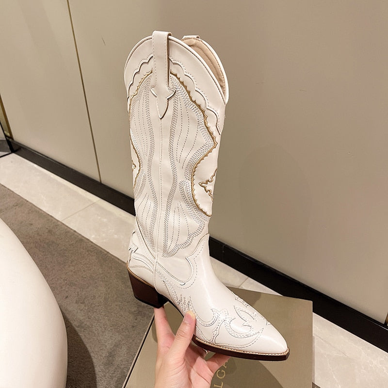 GR Women's Retro-Style Boots - White Knee-High Boots for Comfortable and Stylish Walking