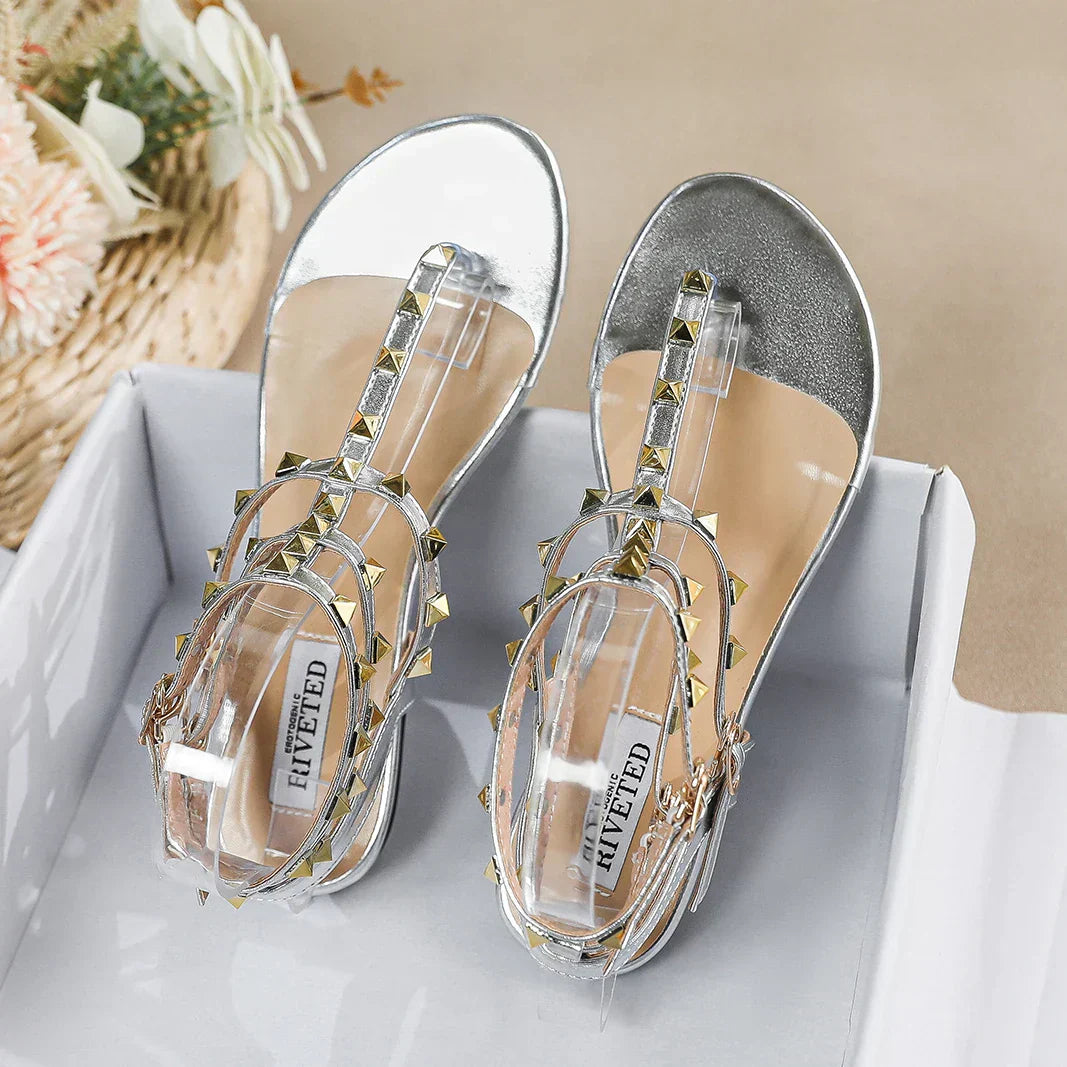 GR | New Summer Outdoor Women's Flat Sandals British Style Women's Casual Roman Flat Stylish Studded Design Work and Party