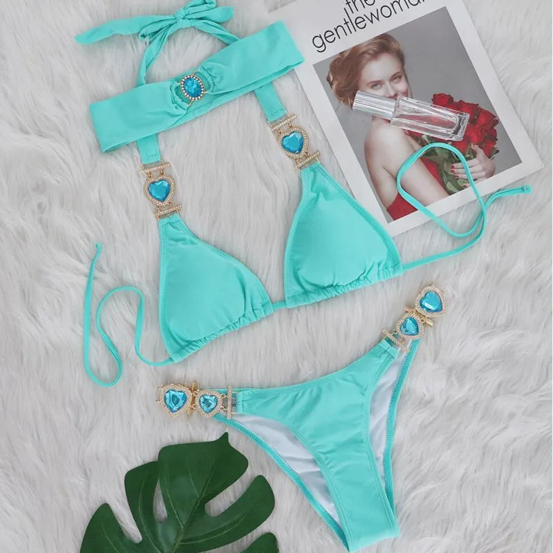 GR | Pink Sexy Bikinis Swimwear with Heart Rhinestones Women's Swimwear Female Push-Up Bikini Beach Swimwear Bathing Suits Pool Swimwear
