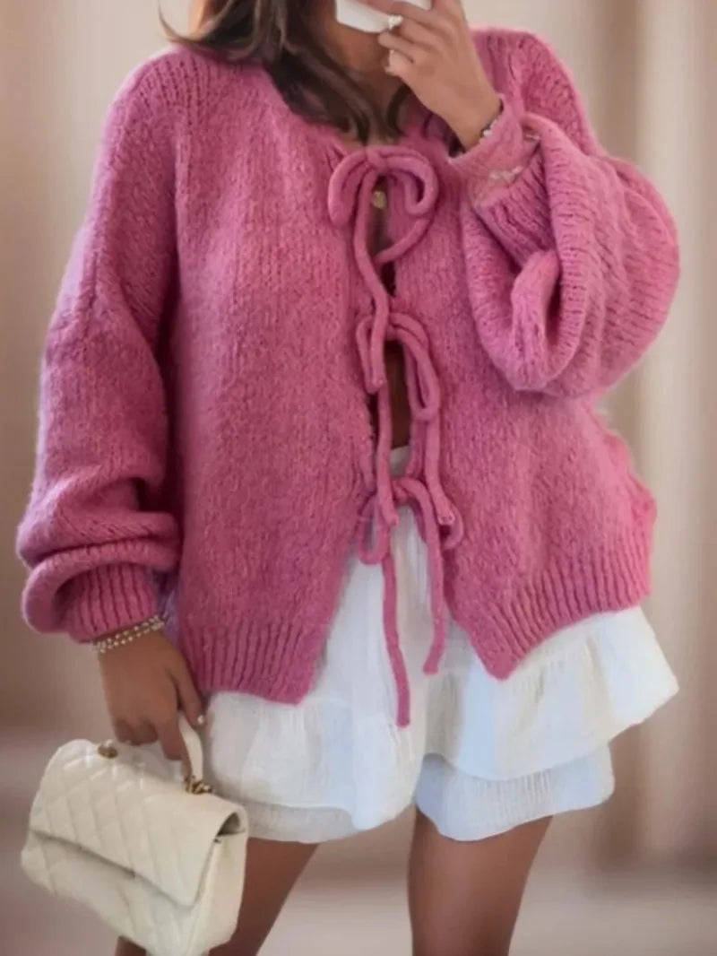 GR | Women's knitted cardigan with bow closure