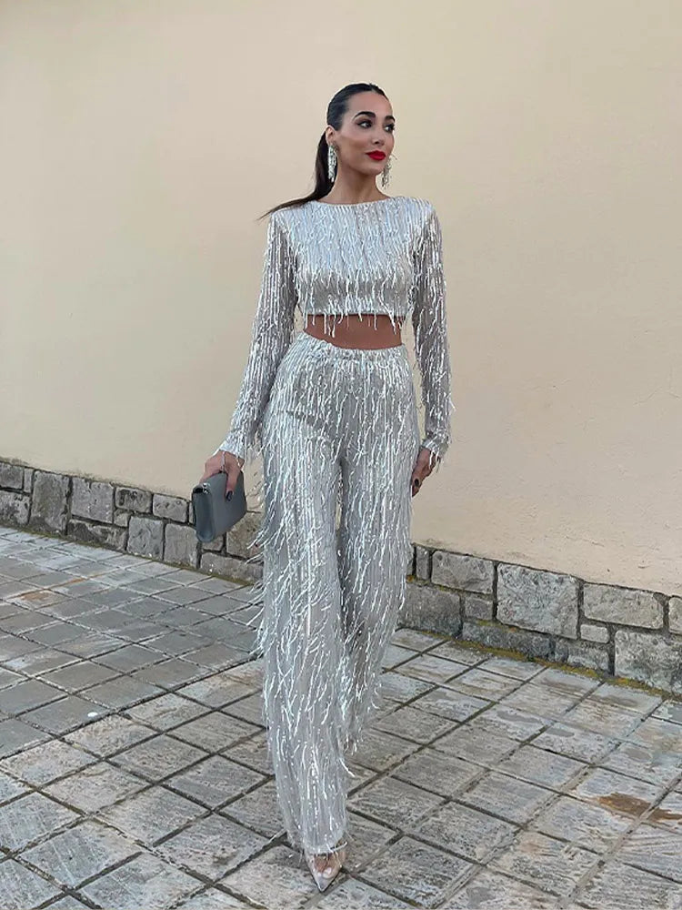 GR | Women's Fashion Sequin 2 Piece Set Sexy Sleeveless Strapless Tank Top Long Loose Pants Luxury Party Club Chic Outfits