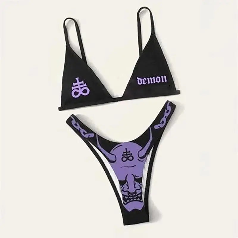 GR | Sexy Goth Bikini Women's Letter Skull Print Swimsuit Split Swimsuit High Waist Gothic Bikini Set Beach Outfits