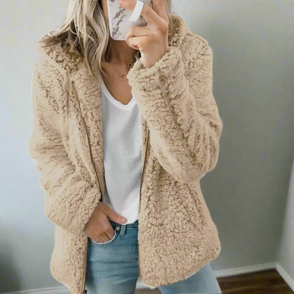 GR | Women's Teddy Fleece Jacket with Hood - Soft Winter Jacket with Zipper
