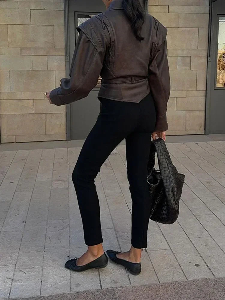 Women's leather coat with lacing 