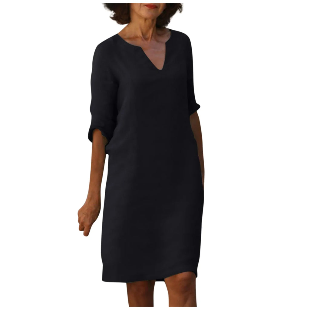 GR | Women's Cotton Linen V-Neck Dress with Half Sleeves
