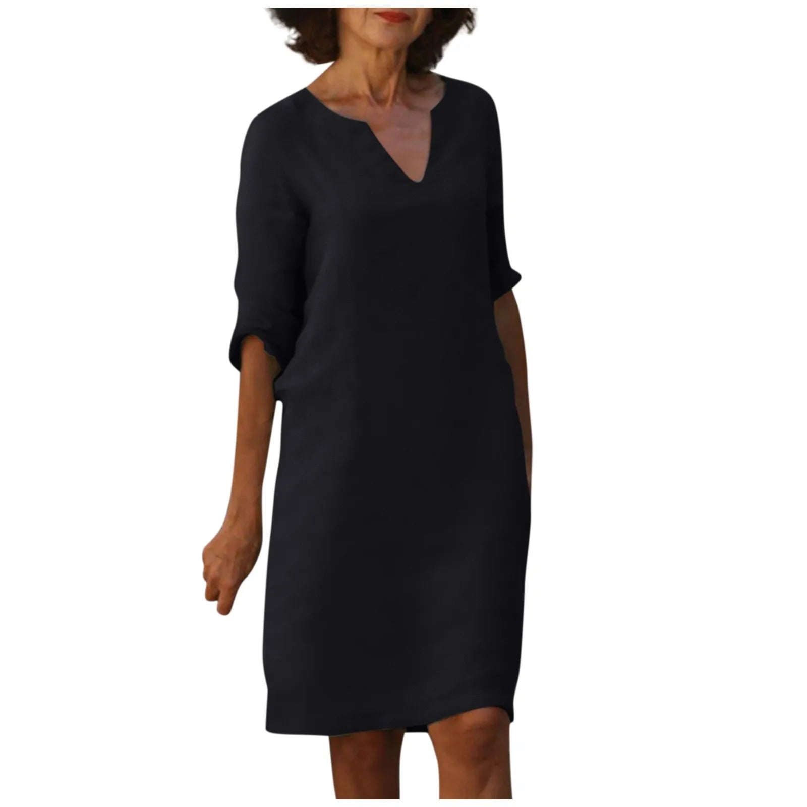 GR | Women's Cotton Linen V-Neck Dress with Half Sleeves