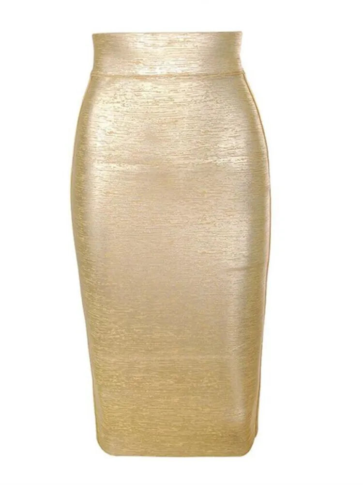 GR | Wholesale Women's Summer Fashion Sexy Gold Bronze Bandage Skirt Designer Nightclub Bodycon Pencil Skirt Faldas 46cm